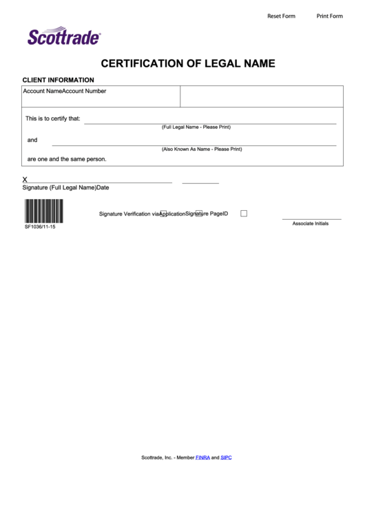 Fillable Certification Of Legal Name Form Printable pdf