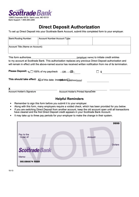 Fillable Direct Deposit Authorization Form printable pdf download