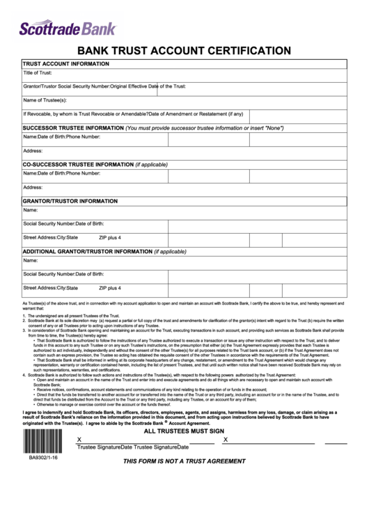 Fillable Bank Trust Account Certification Form Printable pdf