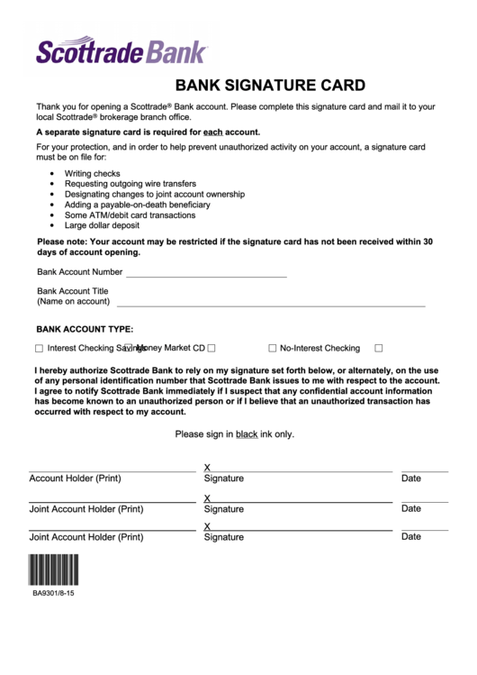 Fillable Bank Signature Card Form printable pdf download