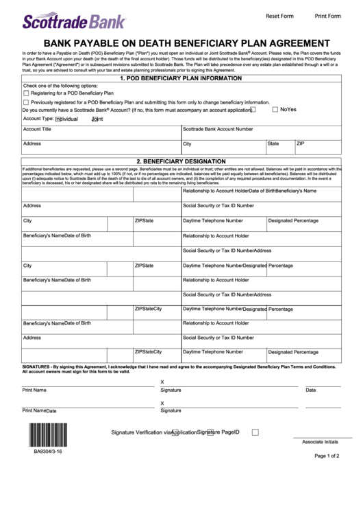 Fillable Bank Payable On Death Beneficiary Plan Agreement Template Printable pdf