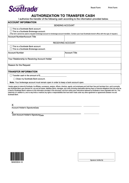 Fillable Authorization To Transfer Cash Form Printable pdf