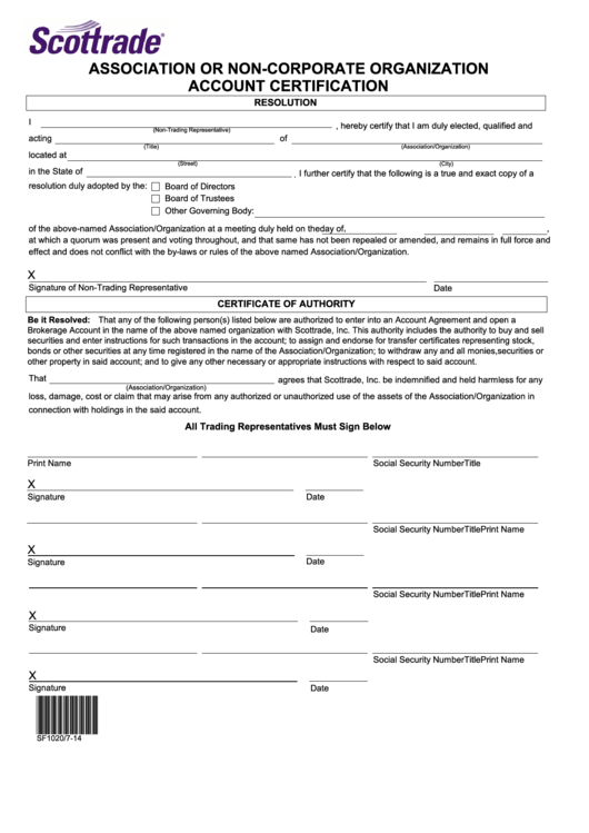 Fillable Association Or Non-Corporate Organization Account Certification Form Printable pdf