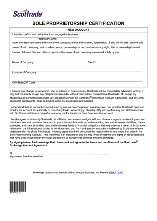 Fillable Sole Proprietorship Certification Form Printable pdf