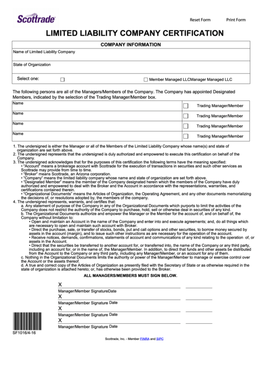 Fillable Limited Liability Company Certification Form Printable pdf