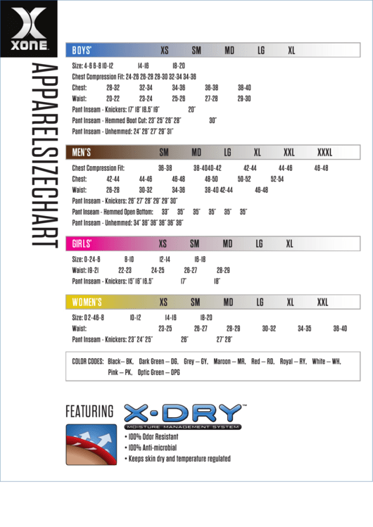 Xone Clothing Size Chart Printable pdf