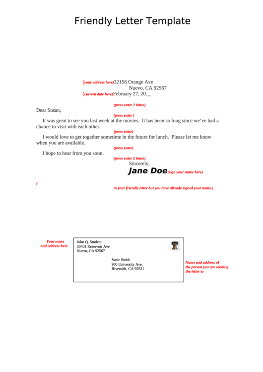 Friendly Letter Template Printable pdf