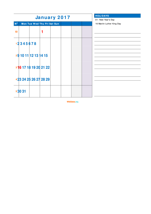 January 2017 Calendar Template Printable pdf