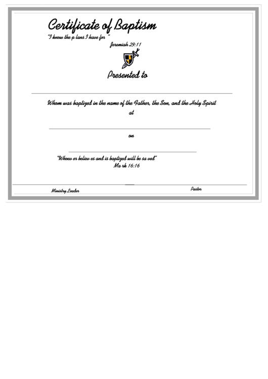 Certificate Of Baptism Template - B/w Border