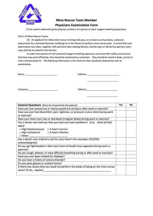 Mine Rescue Team Member Physicians Examination Form Printable pdf