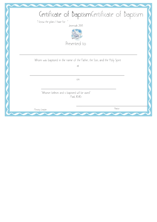 Certificate Of Baptism Template - Light Blue Border Printable pdf
