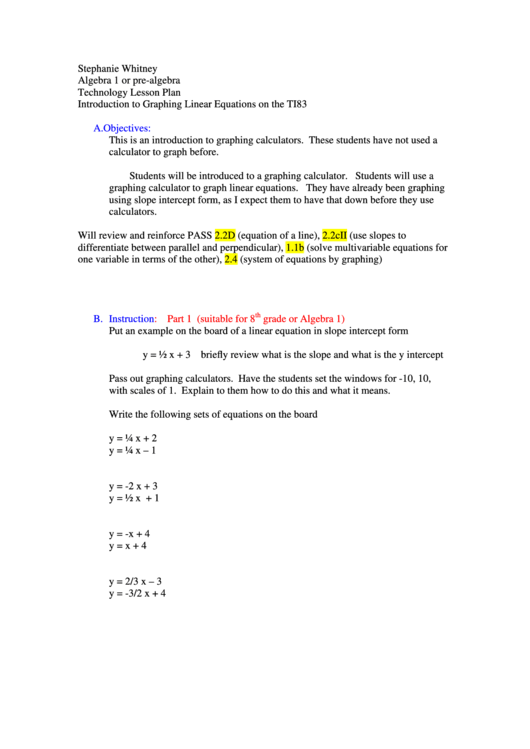 Introduction To Graphing Linear Equations On The Ti83 Printable pdf