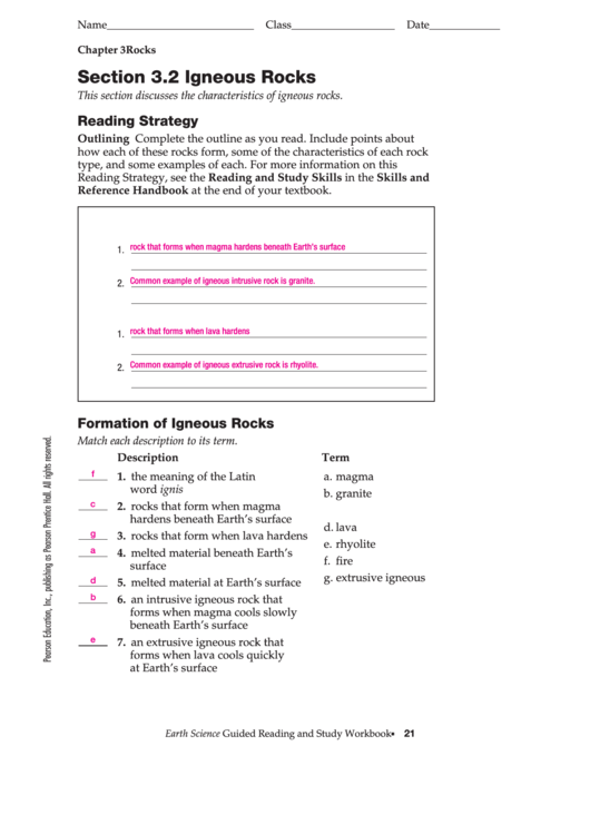 Igneous Rocks Test With Answers Printable pdf