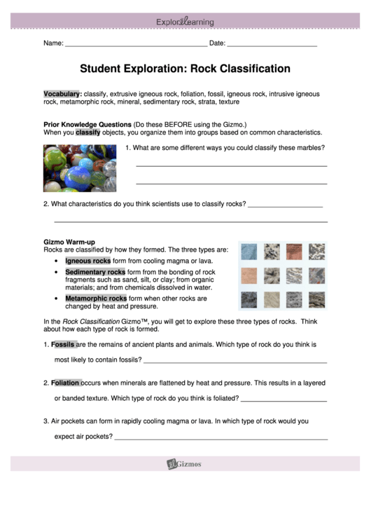 Student Exploration Rock Classification Worksheet Template Printable pdf
