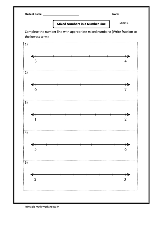 Mixed Numbers In A Number Line Sheet Worksheet Printable pdf