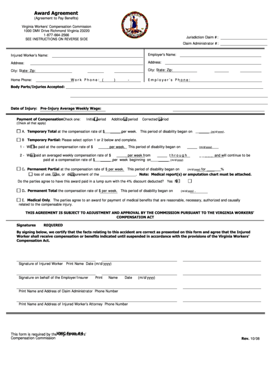 Fillable Award Agreement - Virginia Workers Compensation Commission Printable pdf