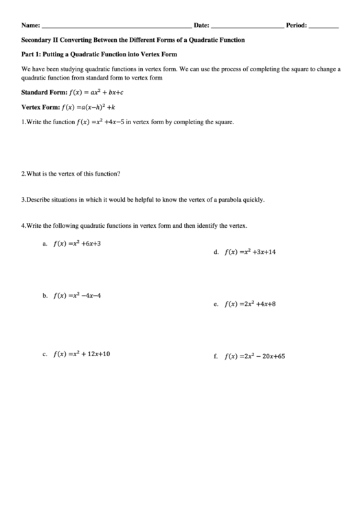 Converting Between The Different Forms Of A Quadratic Function Printable pdf
