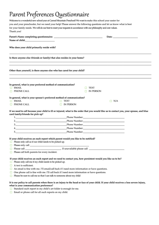 Parent Preferences Questionnaire Printable pdf