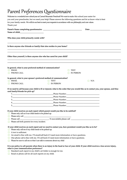 Top 6 Parent Questionnaire Templates Free To Download In PDF Format
