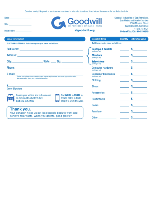 San Diego Printable Donation Form Printable Forms Free Online