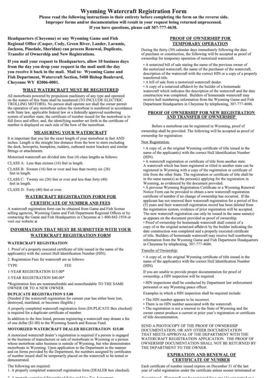 Wyoming Watercraft Registration Form Printable pdf