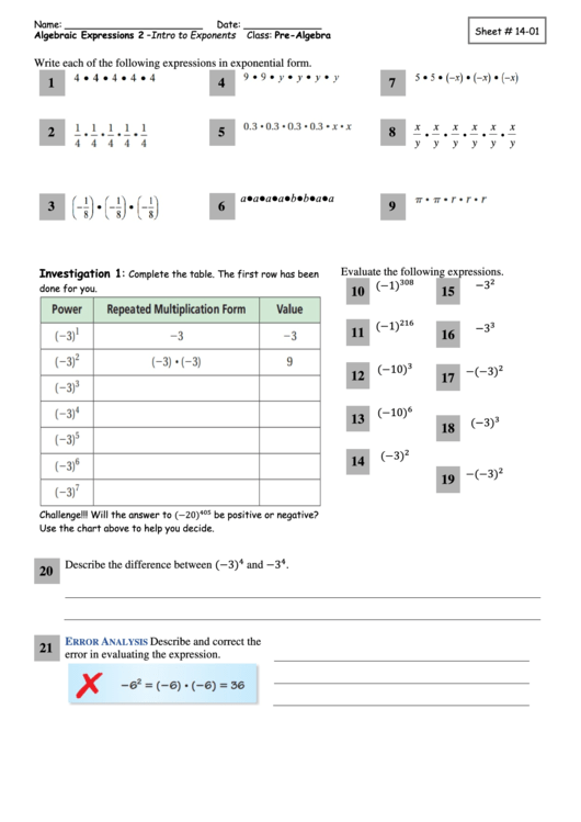 Exponential Form Worksheet Printable pdf