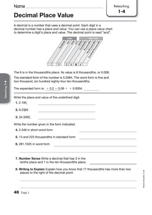 Decimal Place Value Worksheet printable pdf download