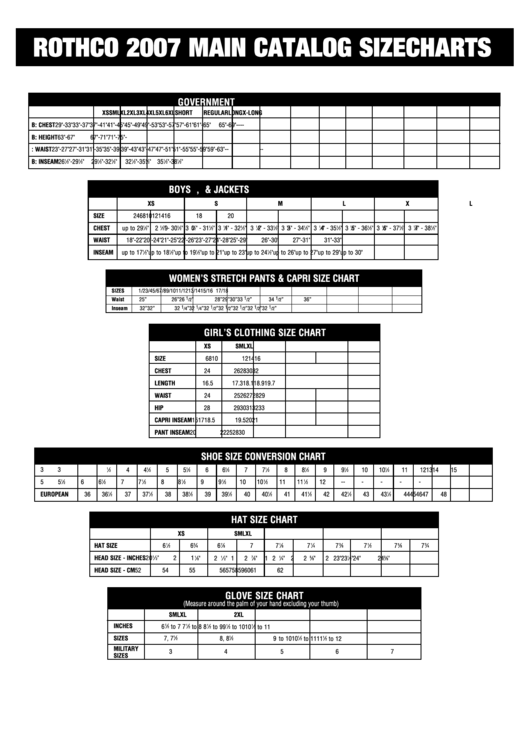 Rothco 2007 Main Catalog Size Chart Printable pdf