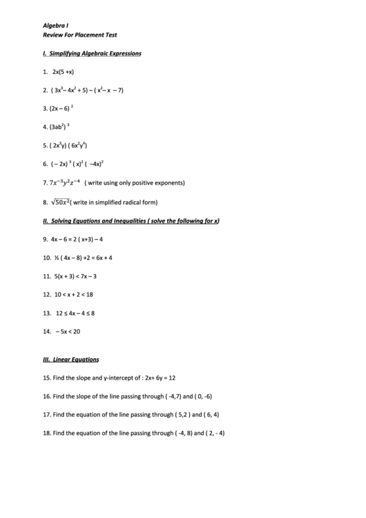 Review For Placement Worksheet Printable pdf