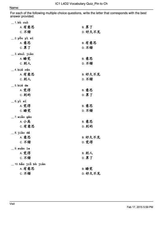 Ic1 L4d2 Vocabulary Quiz Pin To Ch Printable pdf