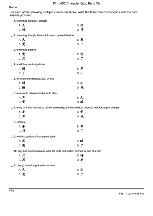 Ic1 L4d2 Character Quiz En To Ch Printable pdf