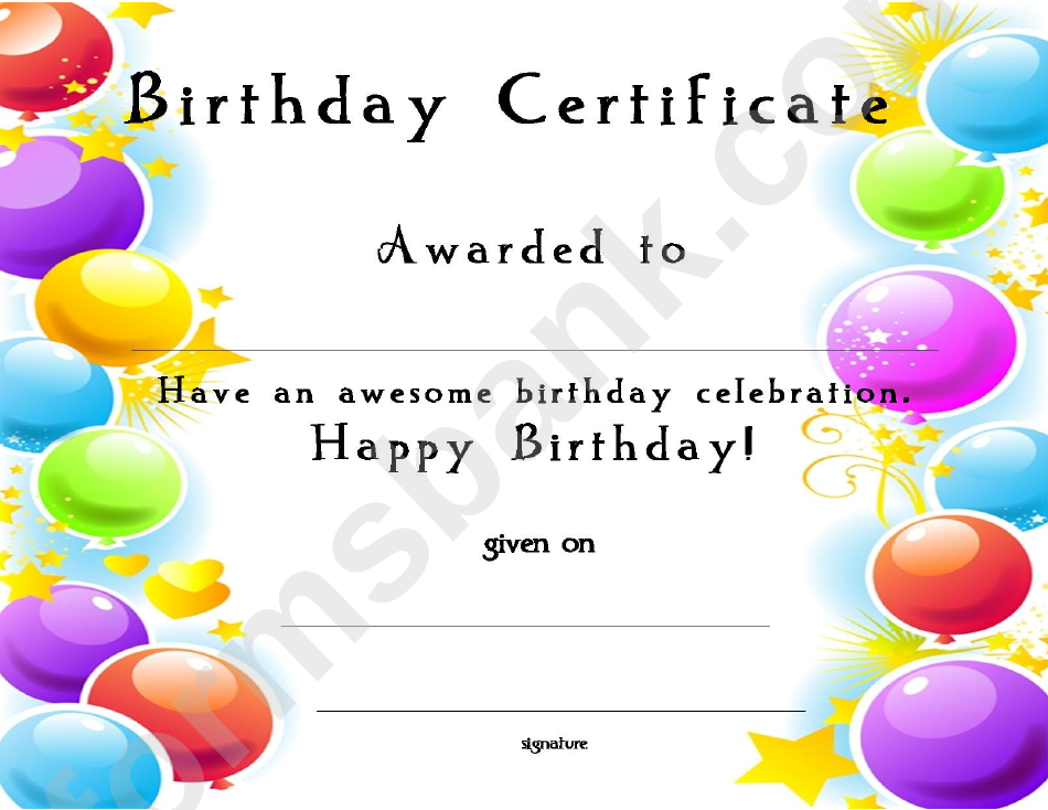 Birthday Certificate printable pdf download