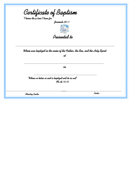 Certificate Of Baptism Template - Blue Border Printable pdf