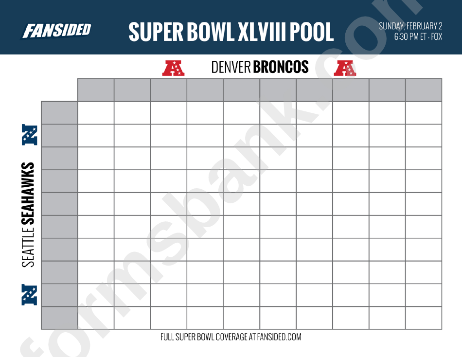 Super Bowl Pool Template - Denver Broncos - Seattle Seahawks