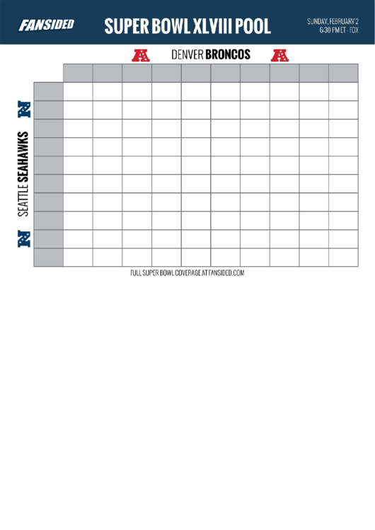 Super Bowl Pool Template - Denver Broncos - Seattle Seahawks Printable pdf