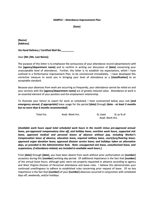 Sample Attendance Improvement Plan Printable Pdf Download