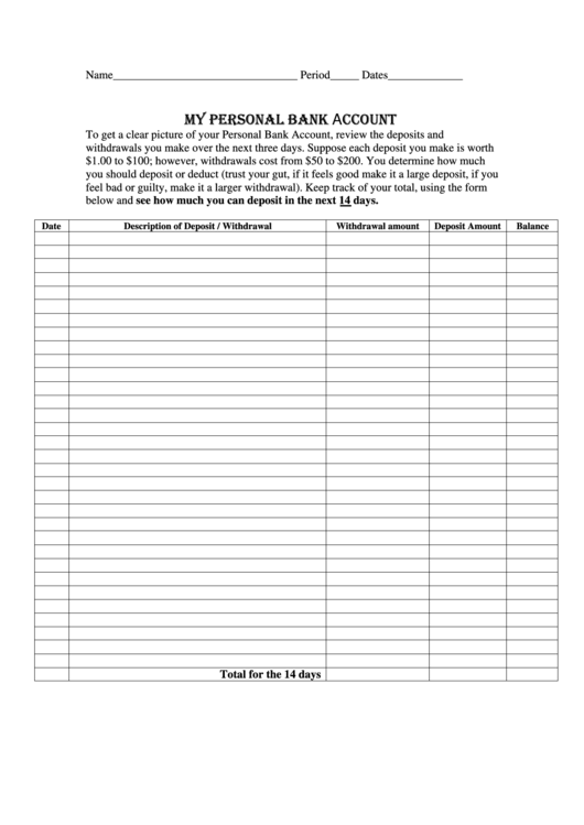 Personal Bank Account Worksheet printable pdf download