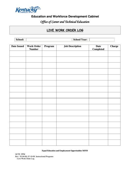 Live Work Order Log Printable pdf