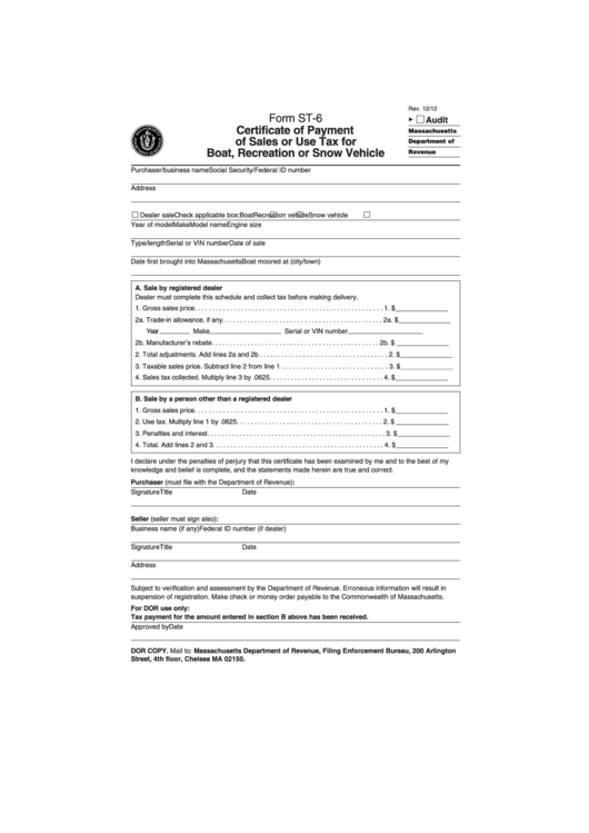 Form St-6 - Certificate Of Payment Of Sales Or Use Tax For Boat Recreation Or Snow Vehicle Printable pdf