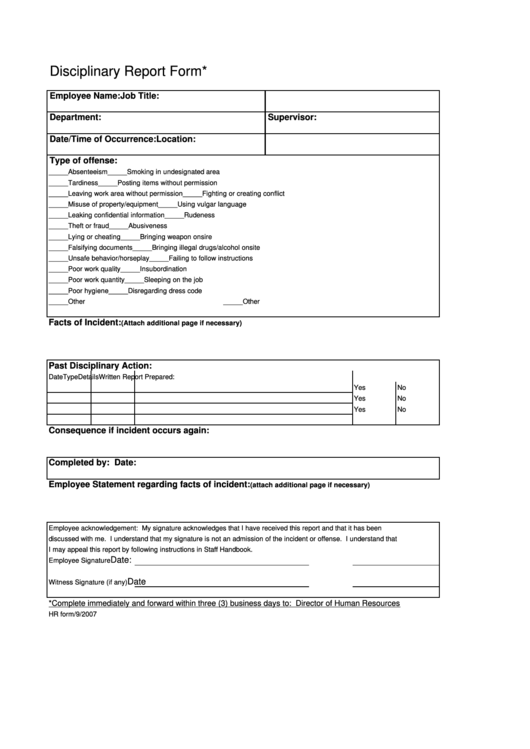 Fillable Disciplinary Report Form Printable pdf