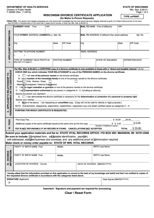 Fillable Form F-05282 - Wisconsin Divorce Certificate Application Printable pdf