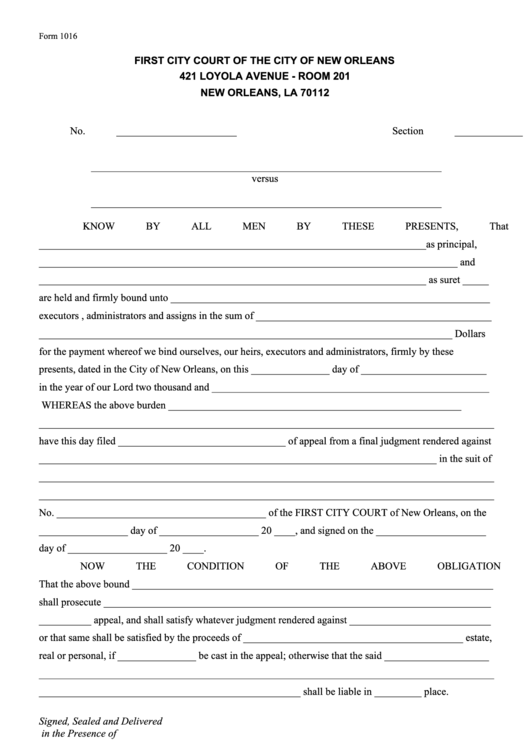 Fillable Form 1016 - Appeal Bond Printable pdf