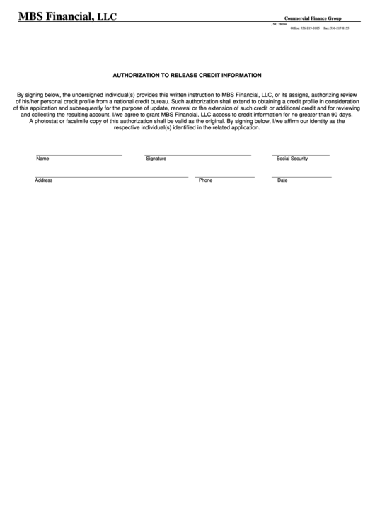 Authorization To Release Credit Information Printable pdf