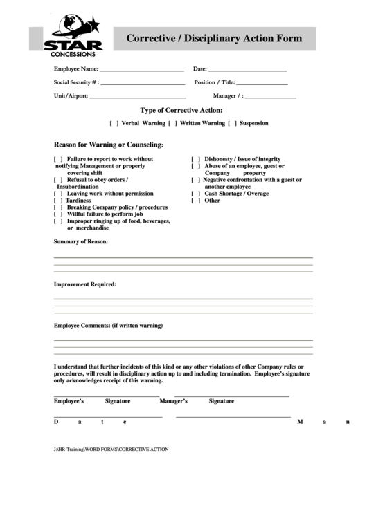 Corrective Disciplinary Action Form Printable pdf