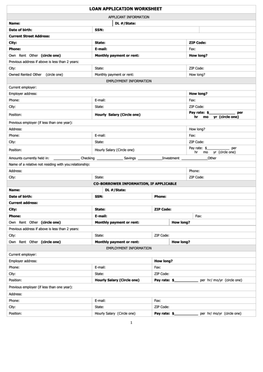 Loan Application Worksheet Printable pdf