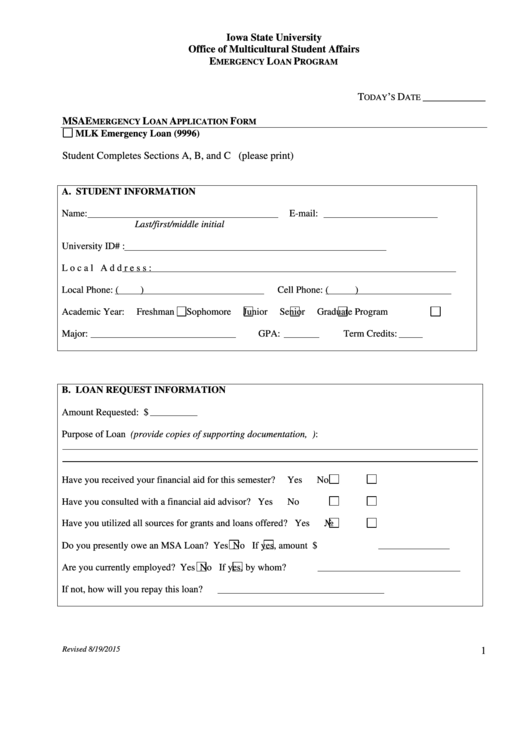 Iowa State University Office Of Multicultural Student Affairs Emergency Loan Program Application Printable pdf