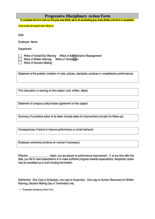 Progressive Disciplinary Action Form Printable pdf