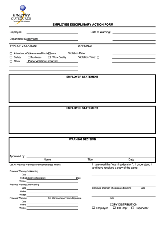 Fillable Employee Disciplinary Action Form Printable Pdf Download