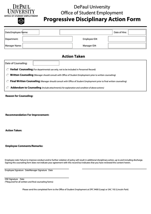 Fillable Progressive Disciplinary Action Form Printable pdf