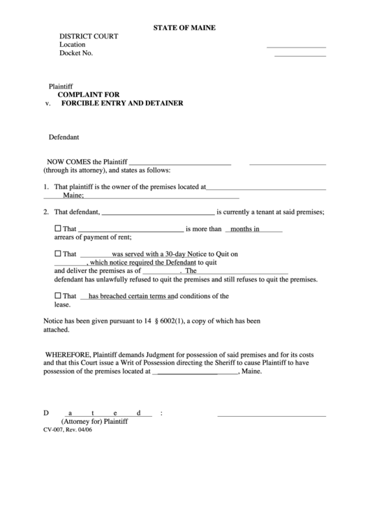 Fillable Complaint For Forcible Entry And Detainer Printable Pdf Download